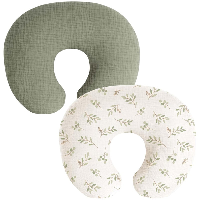 Coreeky Muslin Nursing Pillow Covers, 2 Pack, Soft & Adorable Slipcovers with Zipper Closure, 100% Cotton Covers for Breastfeeding Pillows (Twig, Grayish Green) - Image 1